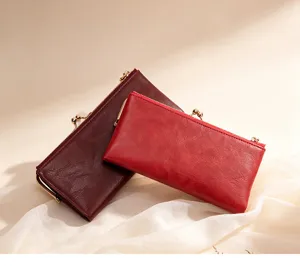 Classic retro women's long wallet with kiss lock closure, elegant multiple card slots clutch.