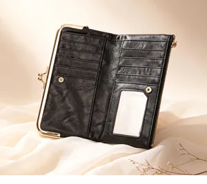 Detailed view of black PU leather long wallet with vintage kiss-lock and multiple card slots.