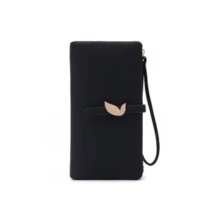 Women long wallet black PU leather leaf clasp wrist strap card holder clutch bag detail view