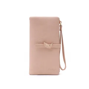 Elegant women's long PU leather wallet with leaf buckle and convenient wrist strap.