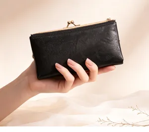 Elegant black long wallet with retro kiss-lock clasp, multi-card slots, and portable design.
