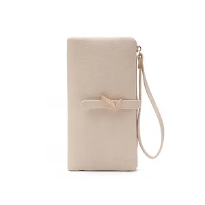 Detailed view of the beige PU leather long wallet with elegant leaf buckle and wrist strap.