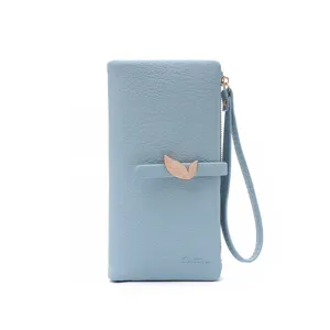 Light blue PU leather women long wallet with metal leaf buckle and wrist strap for daily use.