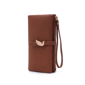 Women long brown PU wallet with elegant leaf buckle and wrist strap for daily use.