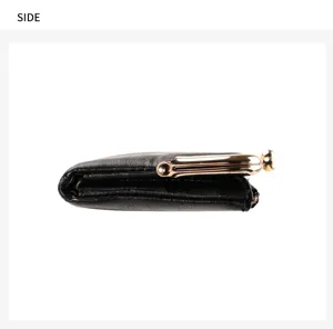 Black vintage kiss lock long wallet side view, chic PU leather clutch purse with metal clasp.