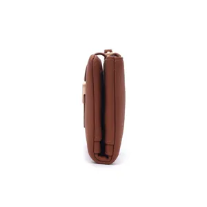 Women brown PU leather long wallet minimalist leaf buckle folding card holder handbag side view
