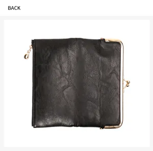 Retro black leather long kiss-lock wallet detail view, showing elegant gold metal frame.