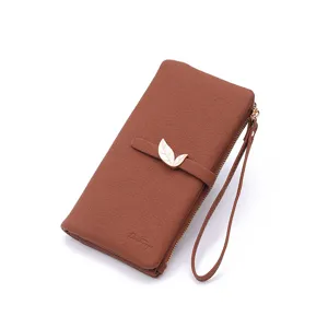 Brown PU leather long wallet detail with a chic metal leaf buckle and convenient wrist strap.