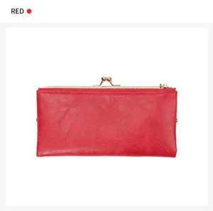 Vintage kiss-lock long wallet for women, multiple card slots, elegant red clutch purse.