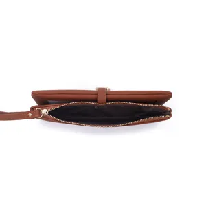 Brown PU leather long wallet detail, top zipper opening, card slots and wrist strap design.