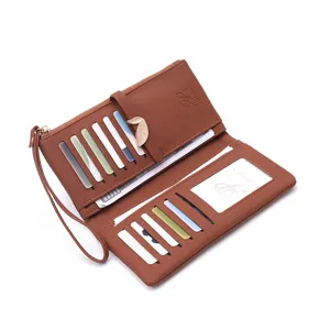 Detailed view of brown PU leather long wallet with leaf buckle, multi-card slots and strap.