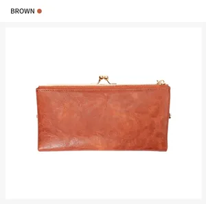 Vintage long wallet for women, kiss-lock clasp closure, PU leather retro clutch purse.