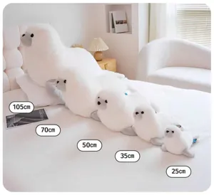 Cute fluffy seal plush toy pillow, soft stuffed animal doll in multiple sizes for kids.