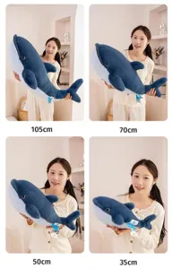 Detailed view of cute whale plush toy in multiple sizes from 35cm to 105cm, soft fabric.