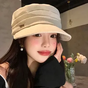 Retro Geplooid Linnen Vlakke Top Paardrijhoed Vrouwen Mode Baret Casual Effen Kleur Zonwering Klep