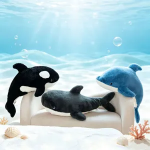 Cute ocean series plush toys set featuring killer whale, shark and dolphin soft dolls.