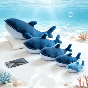 Cute blue whale plush toy set, soft stuffed ocean animal doll for kids and home decor.