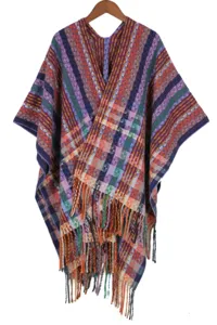 Boho bohemian colorful geometric pattern fringe shawl winter warm cape outerwear detail.