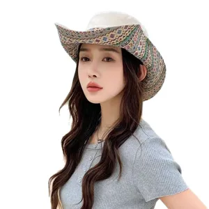 Chapeau de soleil à large bord de style ethnique bohème pour femmes voyage plage extérieur