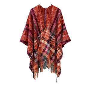 Bohemian Ethnic Geometric Pattern Thickened Warm Shawl With Tassels Women Fall Winter Travel Open Front Cape Outerwear