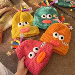 Süße lustige große Augen Strickmütze Winter warme Wollmütze Cartoon Plüsch Monster Hut Damen