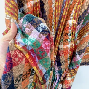 Bohemian knit shawl winter warm ethnic cape thick fringe geometric colorful wrap blanket scarf