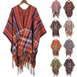 Bohemian tassel poncho for women, thick warm winter ethnic plaid cloak shawl outer wear.