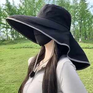 Women wide brim sun hat with neck flap outdoor UV protection summer bucket hat black