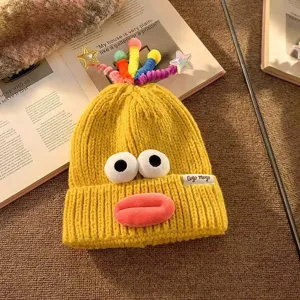 Süße lustige Strickmütze Beanie mit großen Augen und Sternen für Damen Herbst Winter warm