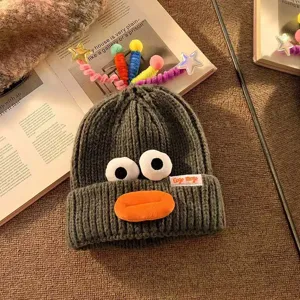 Niedliche lustige Strickmütze für Damen, Herbst Winter warme Cartoon Plüsch Augen Wollmütze.