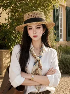 Detail view of the British style hollow woven straw hat featuring a chic flat top and black ribbon.