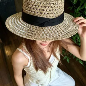 British style hollow woven straw hat summer retro flat top sun hat beach sun protection hat.