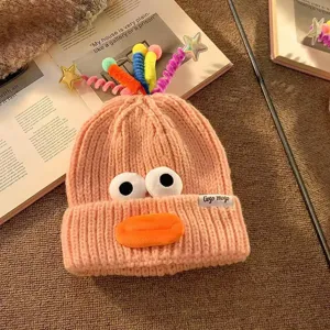 Niedliche lustige Cartoon Strickmütze Damen Herbst Winter warme Wolle Mütze mit Wackelaugen.