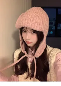 Women winter thick pink knitted trapper hat warm earflap beanie stylish cute cap