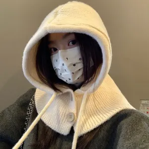Korean style knitted balaclava for winter, warm hooded hat and scarf combo in beige color.