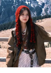 Red knitted balaclava with tassel balls, hollow wool design, cozy detail view for autumn winter.