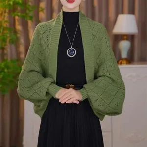 Women's Casual Open Front Cardigan Hollow Out Plaid Knit Sweater Long Sleeve Elegant Chic Outerwear Fall Winter