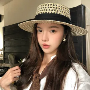 Women Summer Straw Hat Hollow Woven Flat Top Fedora Beach Sun Protection Wide Brim Sun Hat Casual Vacation Hat