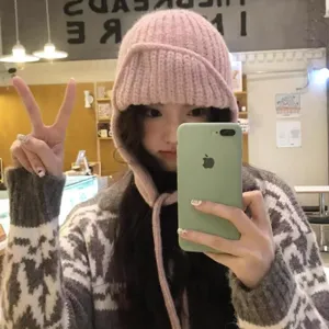 Winter pink knitted earflap hat sweet cute beanie windproof warm aviator trapper hat women