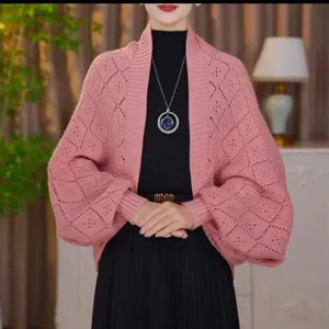 Autumn winter hollow knit cardigan shawl, elegant women grid knitted outerwear for daily wear.