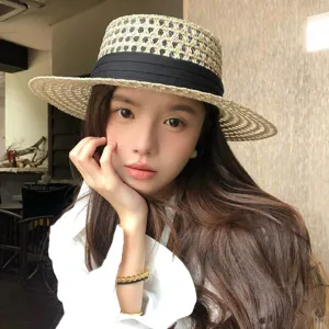 British style hollow woven straw hat summer retro flat top fedora beach sun hat for women
