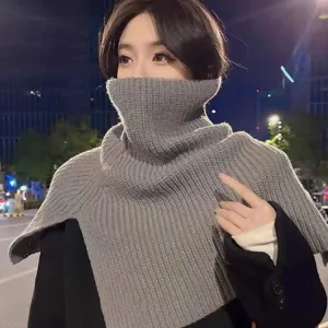 Chic split high-neck knitted cape scarf, warm winter pullover wool neck warmer for women.
