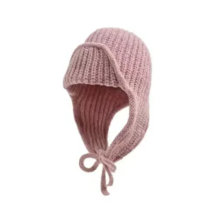 Women winter cute knitted ear protection hat warm cozy thick bomber hat pink fleece beanie.