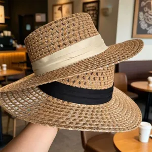 Summer straw hat for women, flat top boater hat with ribbon, chic beach sun protection hat.