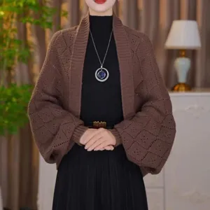 Women brown hollow knit shawl cardigan chic warm open front stylish sweater outerwear