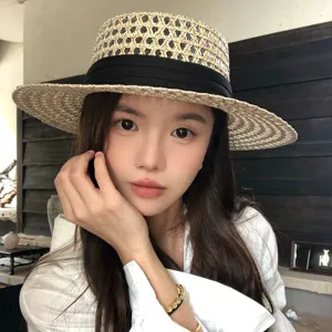 Stylish hollow braided straw hat for women summer beach vacation sun protection flat top hat
