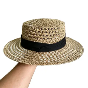 Stylish women straw hat summer flat top woven beach sun hat with black ribbon band