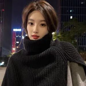 Stylish black turtleneck knitted shawl scarf for women, cozy winter thermal neck warmer.