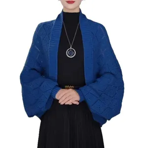 Women blue knitted cardigan hollow out batwing sleeve open front sweater casual outerwear