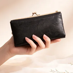 Vintage PU Leather Long Wallet For Women Kiss-Lock Clutch Multi-Card Holder Casual Zipper Purse Handbag Gift